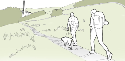This image: an artist's impression of a couple and a dog walking along a footpath 
							 towards the cement works. 
							 The map: the map shows the blue boundary of Breedon's ownership area at the site, 
							 with green interactive markers across the site, showing some of our initial ideas 
							 following the theme of nature, for how the site could be used. These are just some 
							 initial ideas, what do you think should be included?